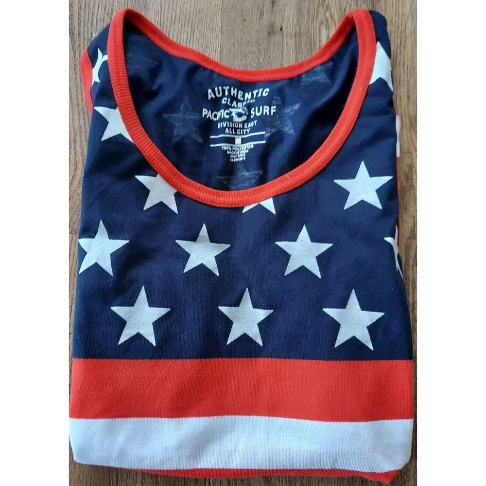 Pacific Surf USA Flag Tank Top Shirt Mens Med Red White Blue Star & Stripes